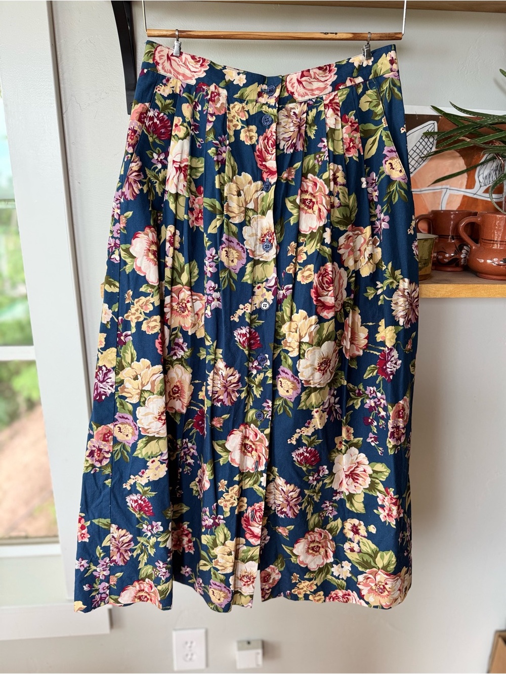 Vintage 90s Susan Bristol Cottagecore Navy Floral Button Front Maxi Skirt Sz 8